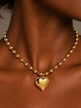New! 18k Gold Plated Gold Bead Chain Chunky Punk Heart Statement Necklace (NWOT)